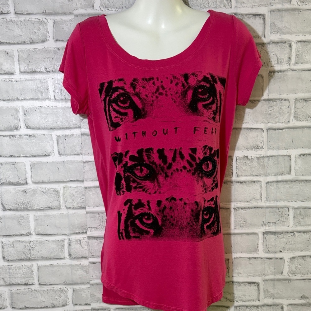 Vibrant Pink Graphic Tee with Bold Design- see measurements